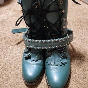Rare!! Vintage Justin Roper Kiltie Teal Green Leather Boots Women's, Size 4.5B